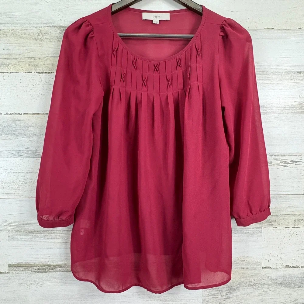 LOFT Blouse XS Maroon Red Pintuck Relaxed A‎ Line Sheer 3/4 Slv Button Cuff Top